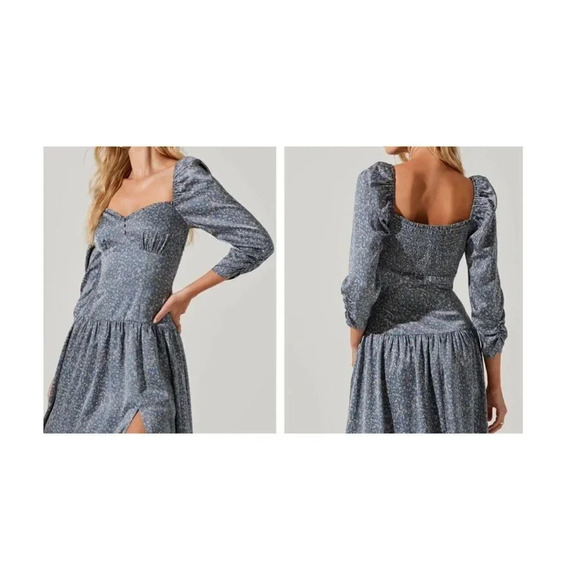 Aster The Label Blue Floral Dress Puff Sleeve Sweetheart Neck MIDI size XS - Picture 4 of 11